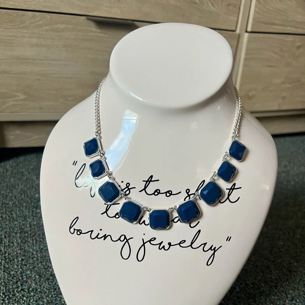 Vintage 2010s Square Cut Navy Blue Stone Bezel Facets Silver Statement Necklace